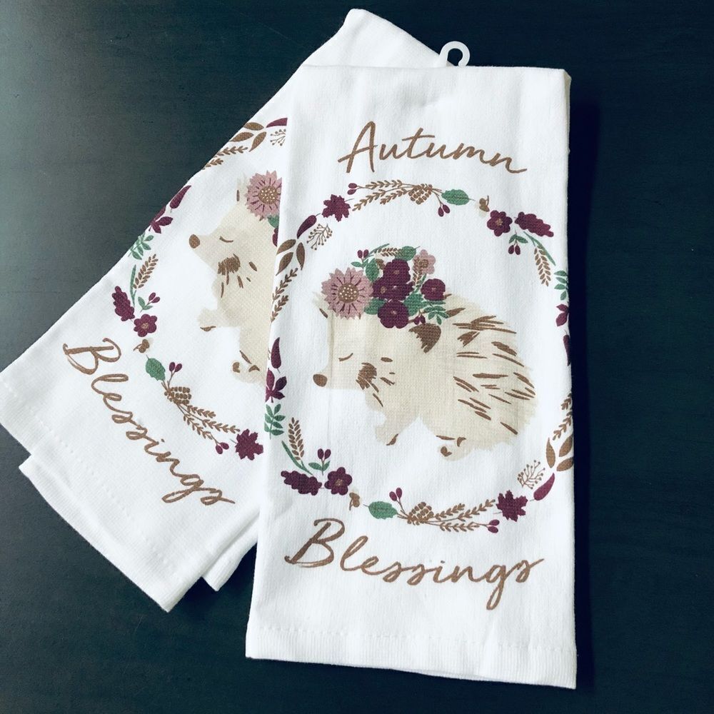 Fall Hedgehog Floral Wreath Woodlands Kitchen Towels Set
